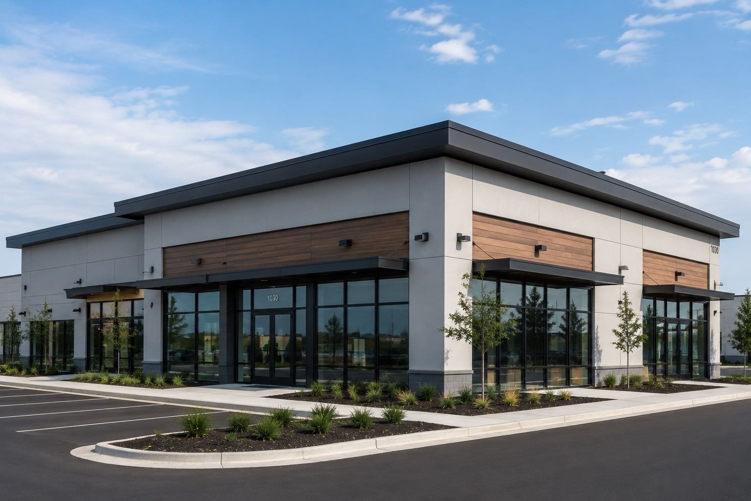 One-story commercial building with a low-slope roof and glass storefronts