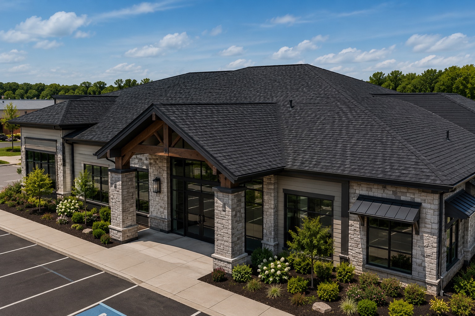 Modern building with landscaped surroundings