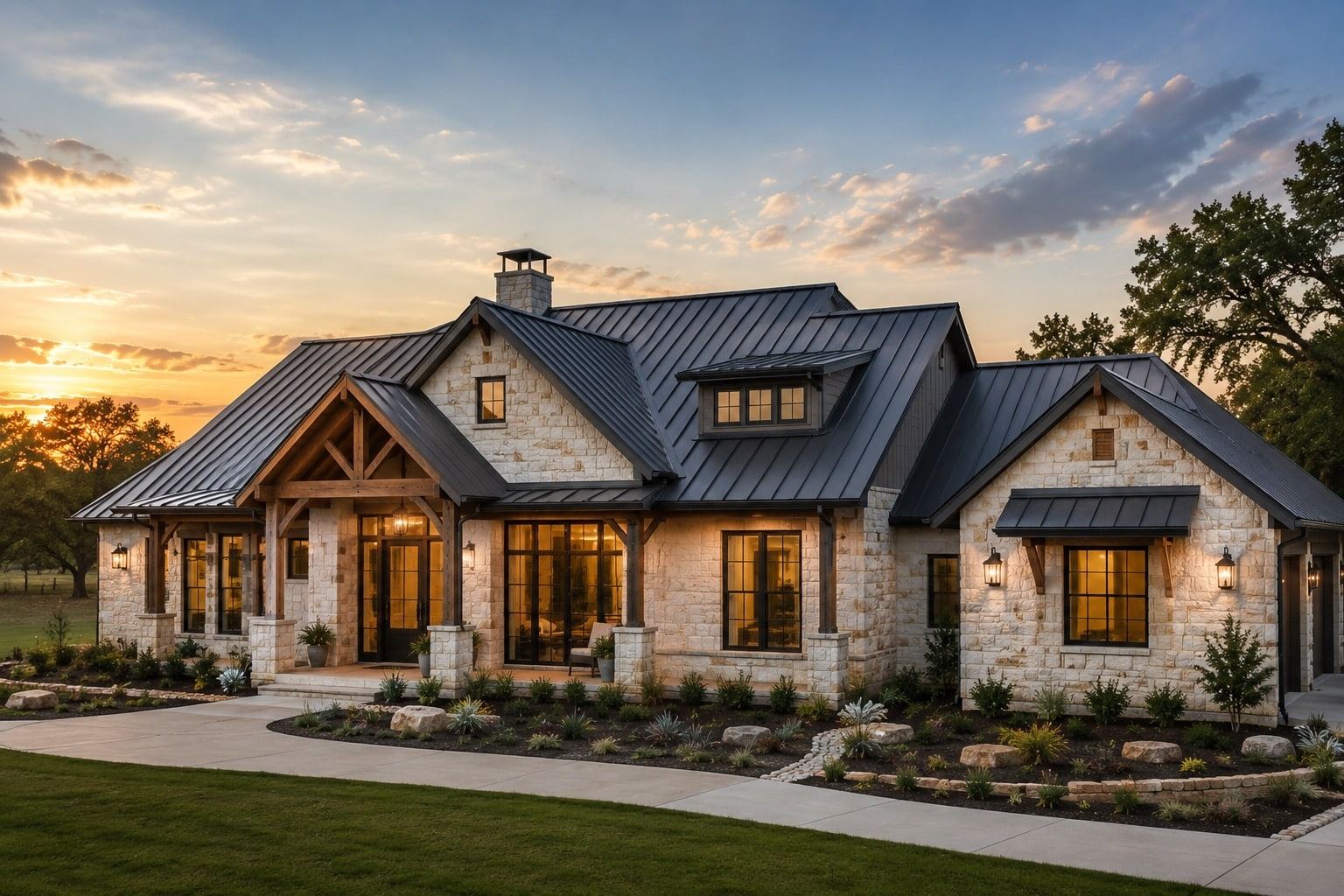 Modern stone house at sunset