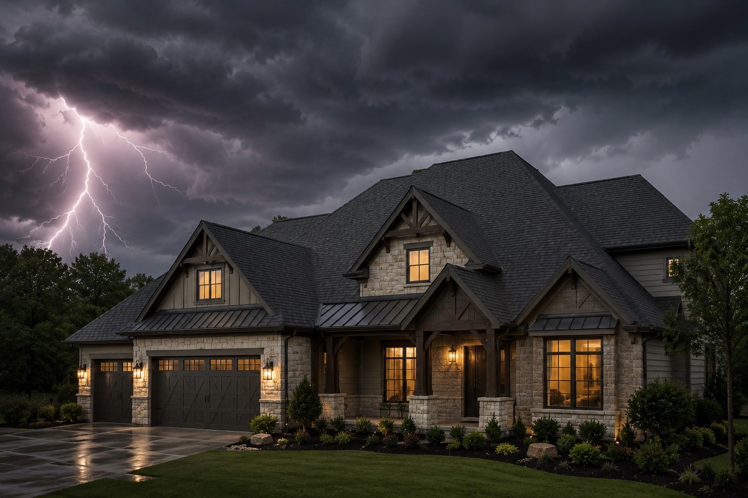 House illuminated under stormy sky
