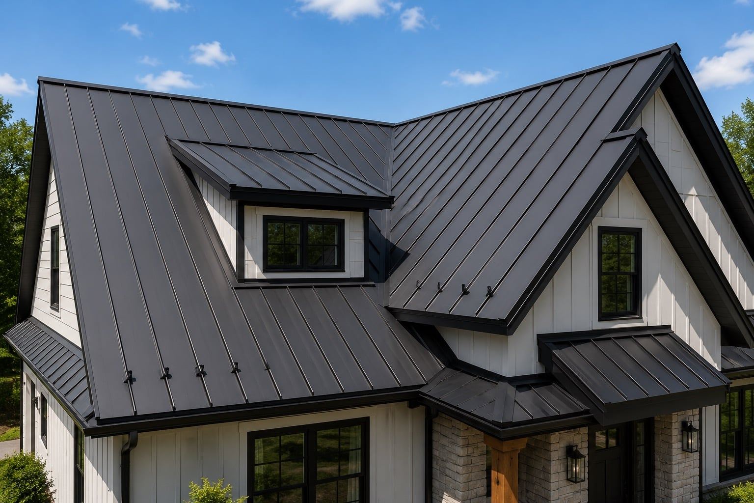 A standing seam metal roof installed to manufacturer specification