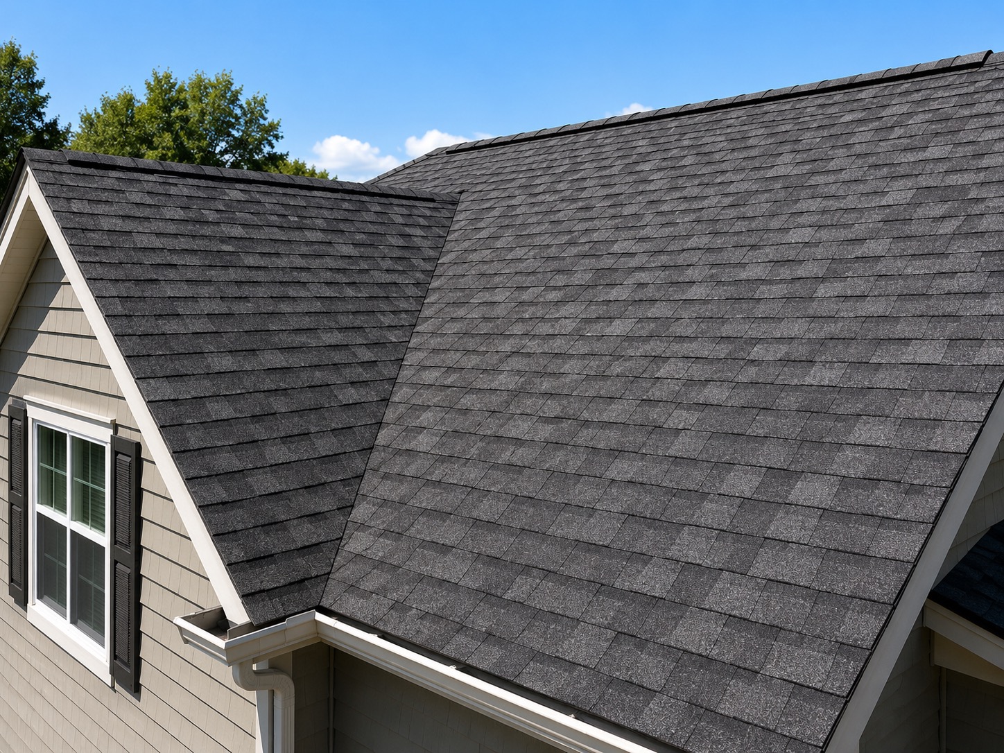 Close view of an asphalt shingle roof during a Skywall Construction inspection