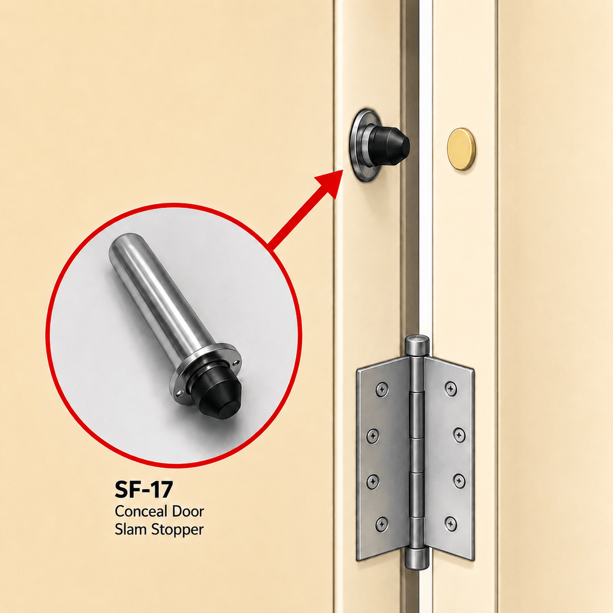 SlamFreer® Conceal Door Slam Stopper providing controlled door closing and helping prevent sudden hard door slams.
