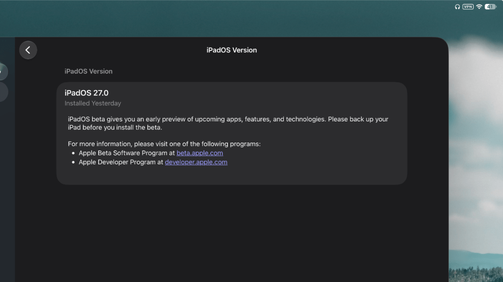 iPadOS 27 software update detail screen, showing an update was installed yesterday.