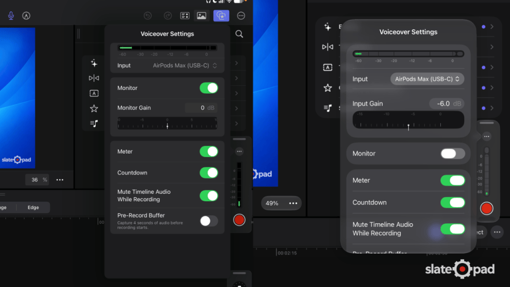 Comparison of expanded voiceover ui in Final Cut Pro.