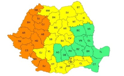 Hartă meteorologică ANM ce indică zonele cu cod portocaliu de caniculă în România, iunie 2025