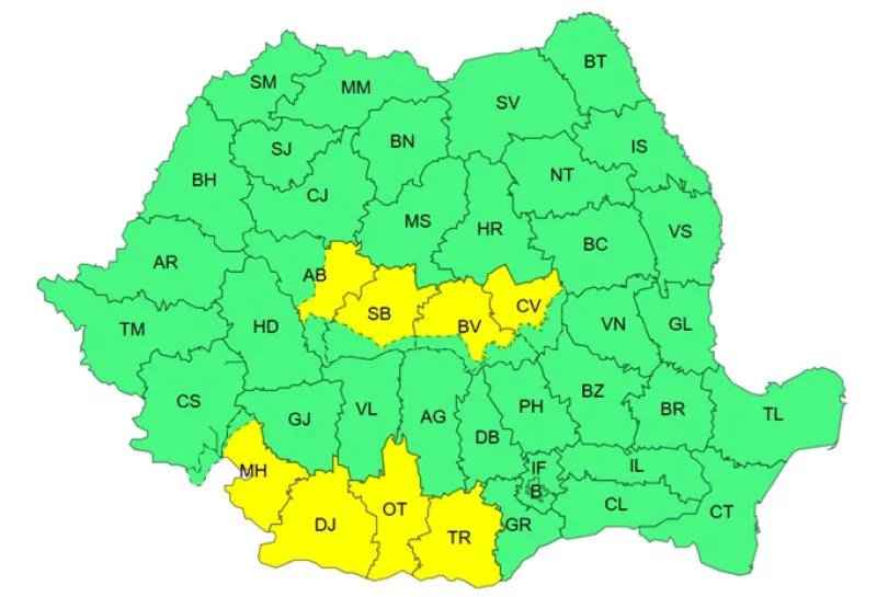 Hartă meteo cod galben de vânt puternic