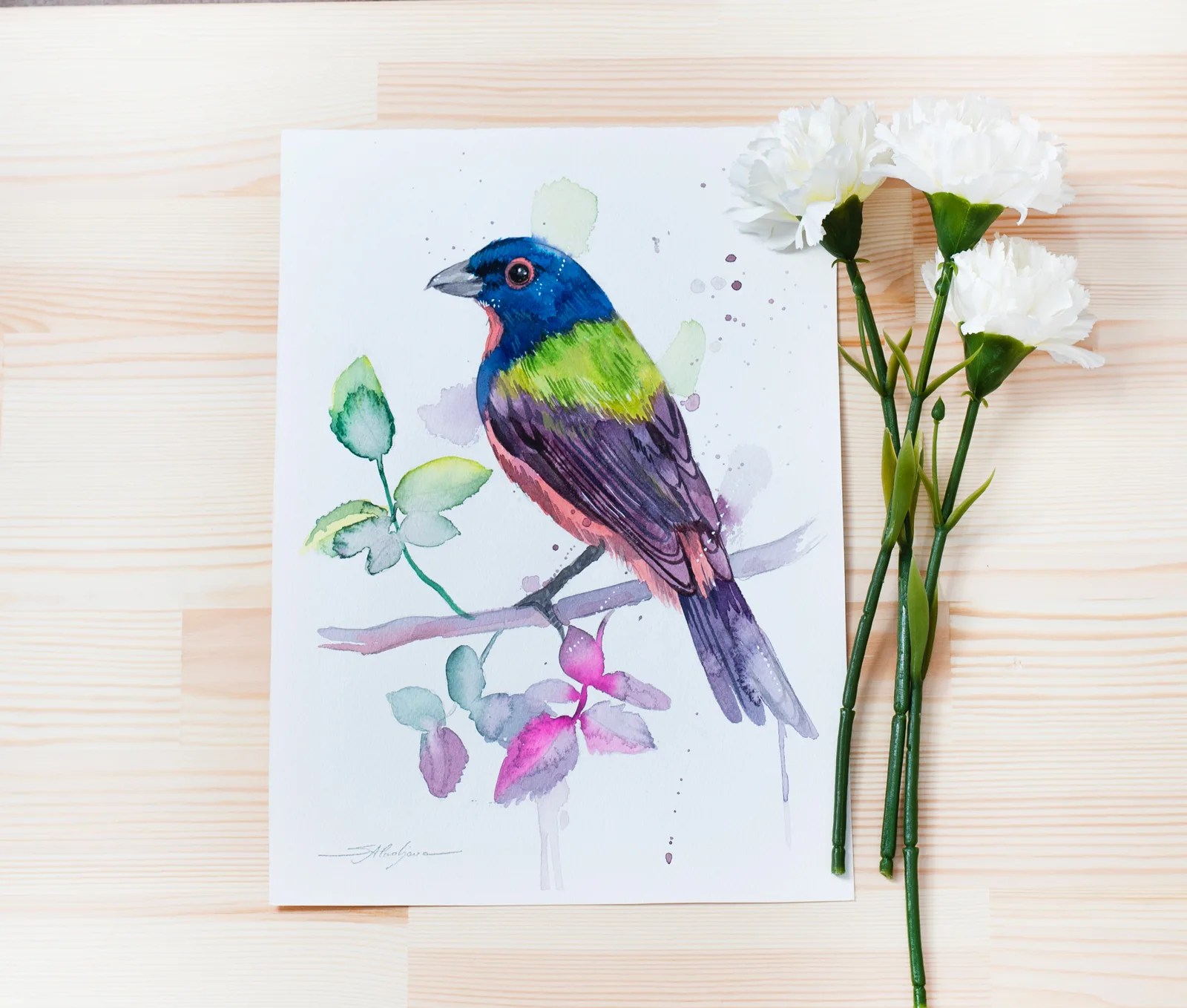"Painted-Bunting" Original Watercolor Painting, bird