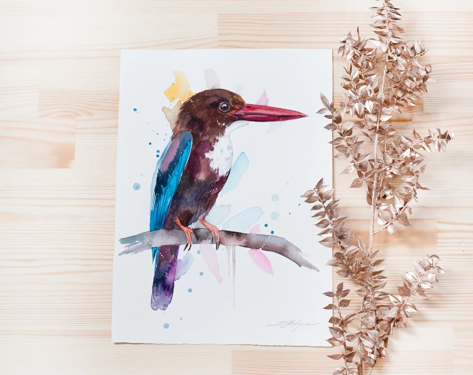 "White-throated Kingfisher" Original Watercolor Painting, bird