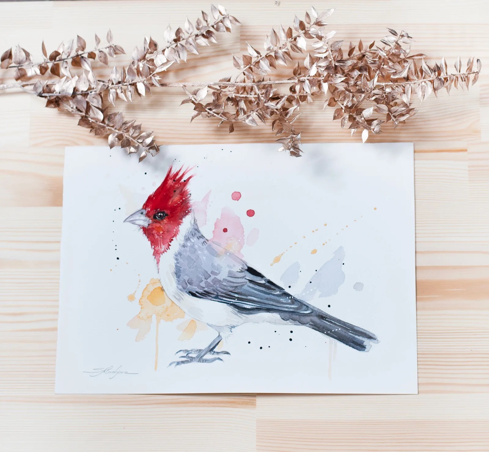 "Red-crested cardinal" Original Watercolor Painting, bird