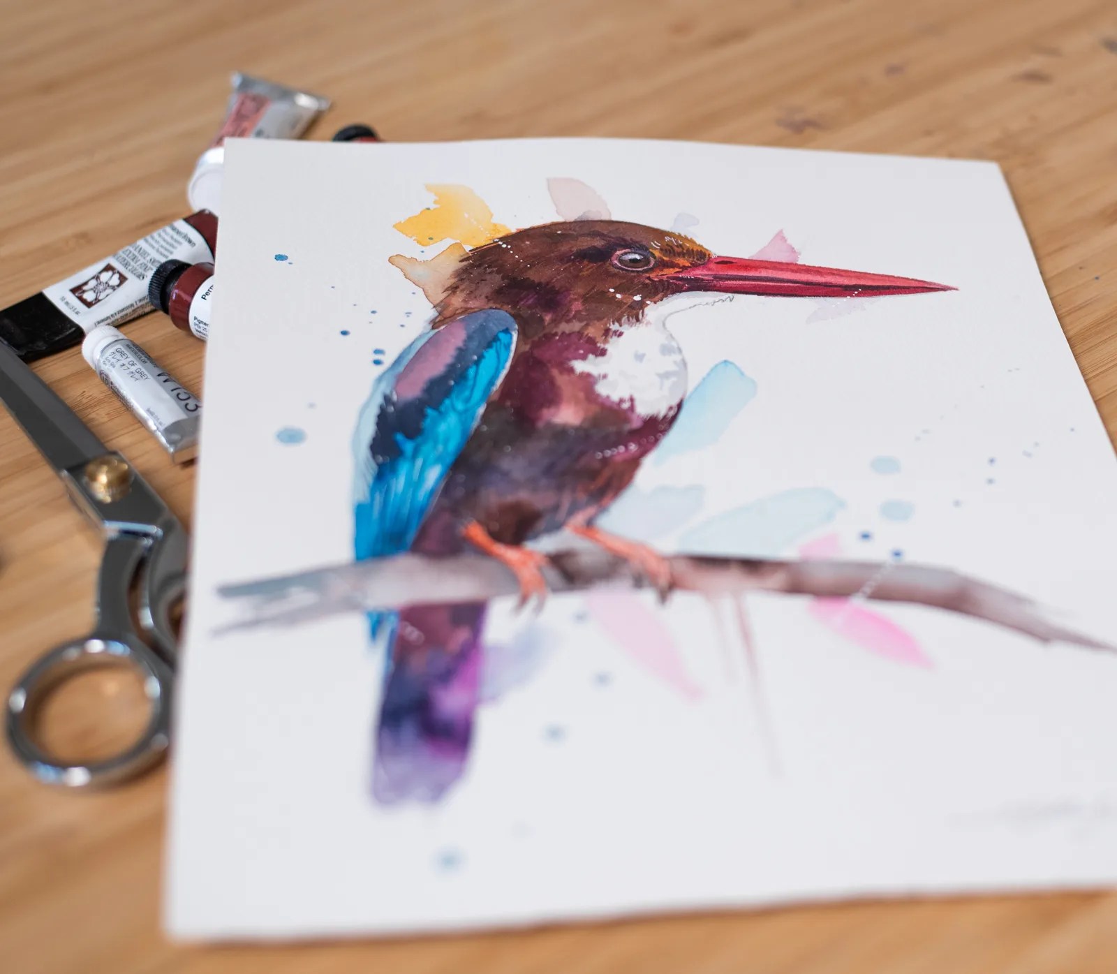 "White-throated Kingfisher" Original Watercolor Painting, bird