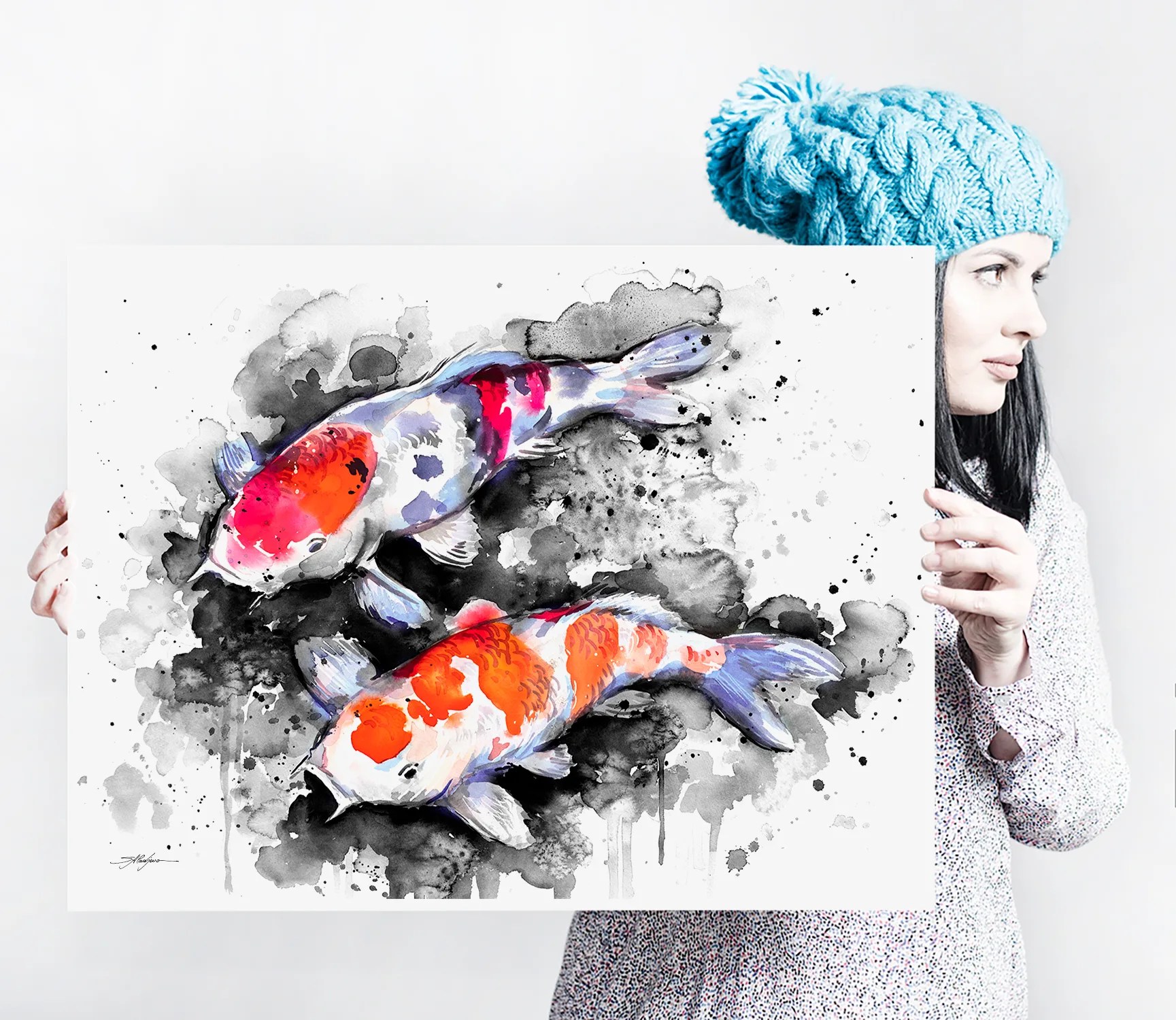 Two red and white koi on black ink, watercolor painting, limited edition art print by Slaveika Aladjova, view 4