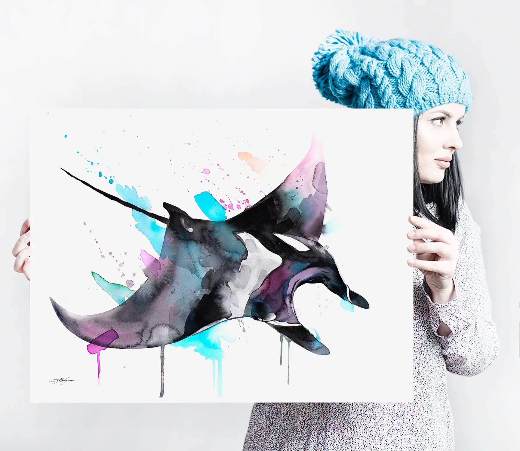 Giant Manta Ray, Mobulidae watercolor painting print by Slaveika Aladjova, art, animal, illustration, Sea art, sea life art, home decor,