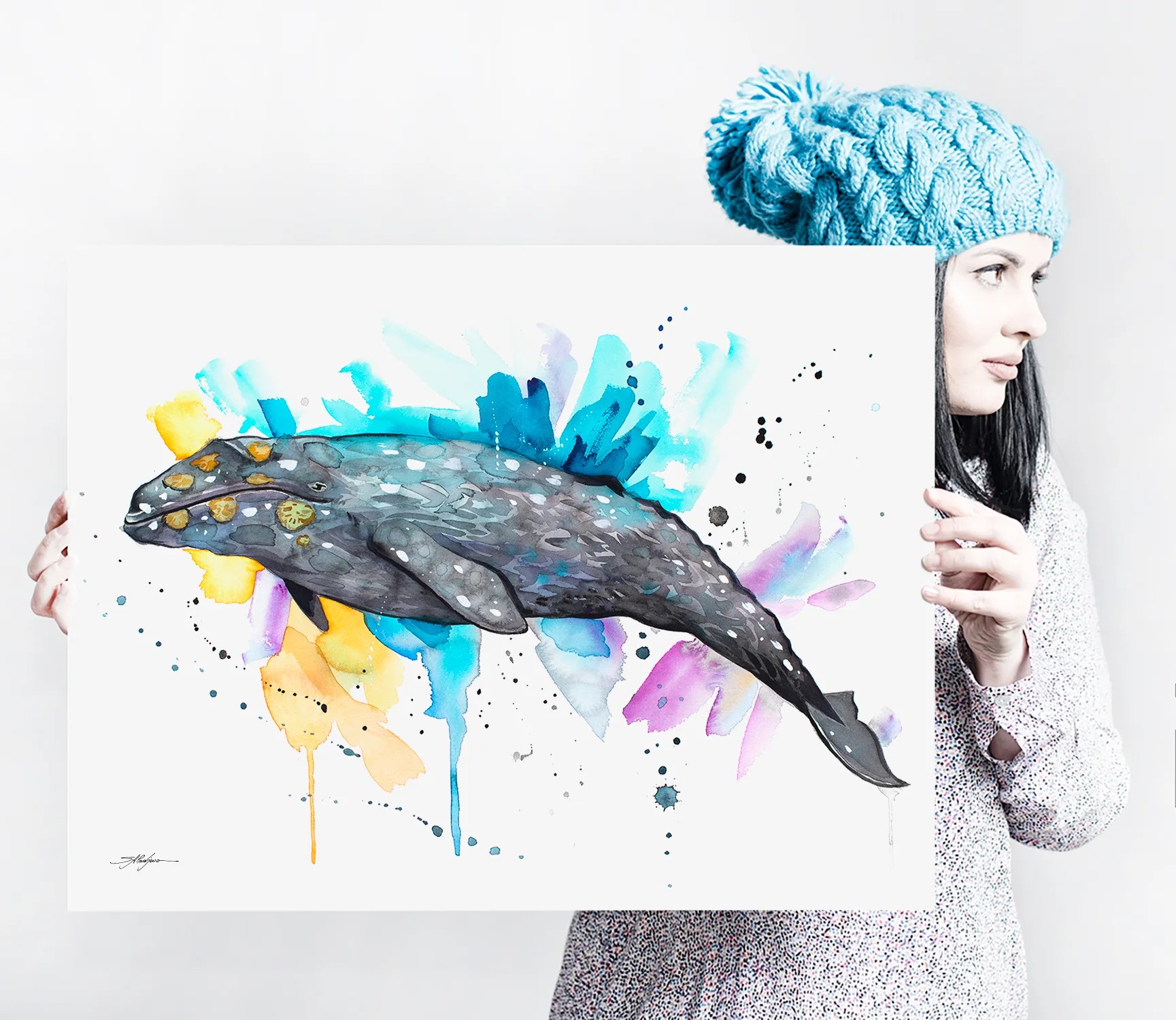Gray whale watercolor painting, limited edition art print by Slaveika Aladjova, view 3