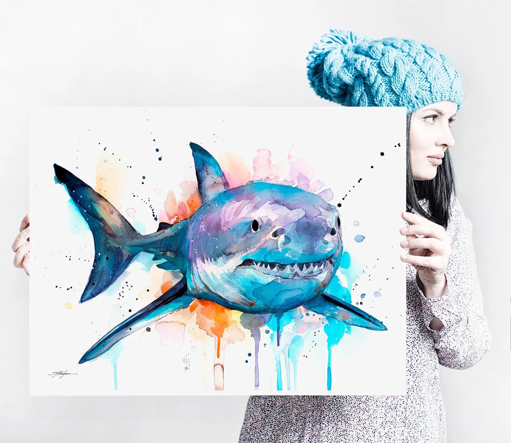 Great white shark watercolor painting print by Slaveika Aladjova, art, animal, illustration, Sea art, sea life art,