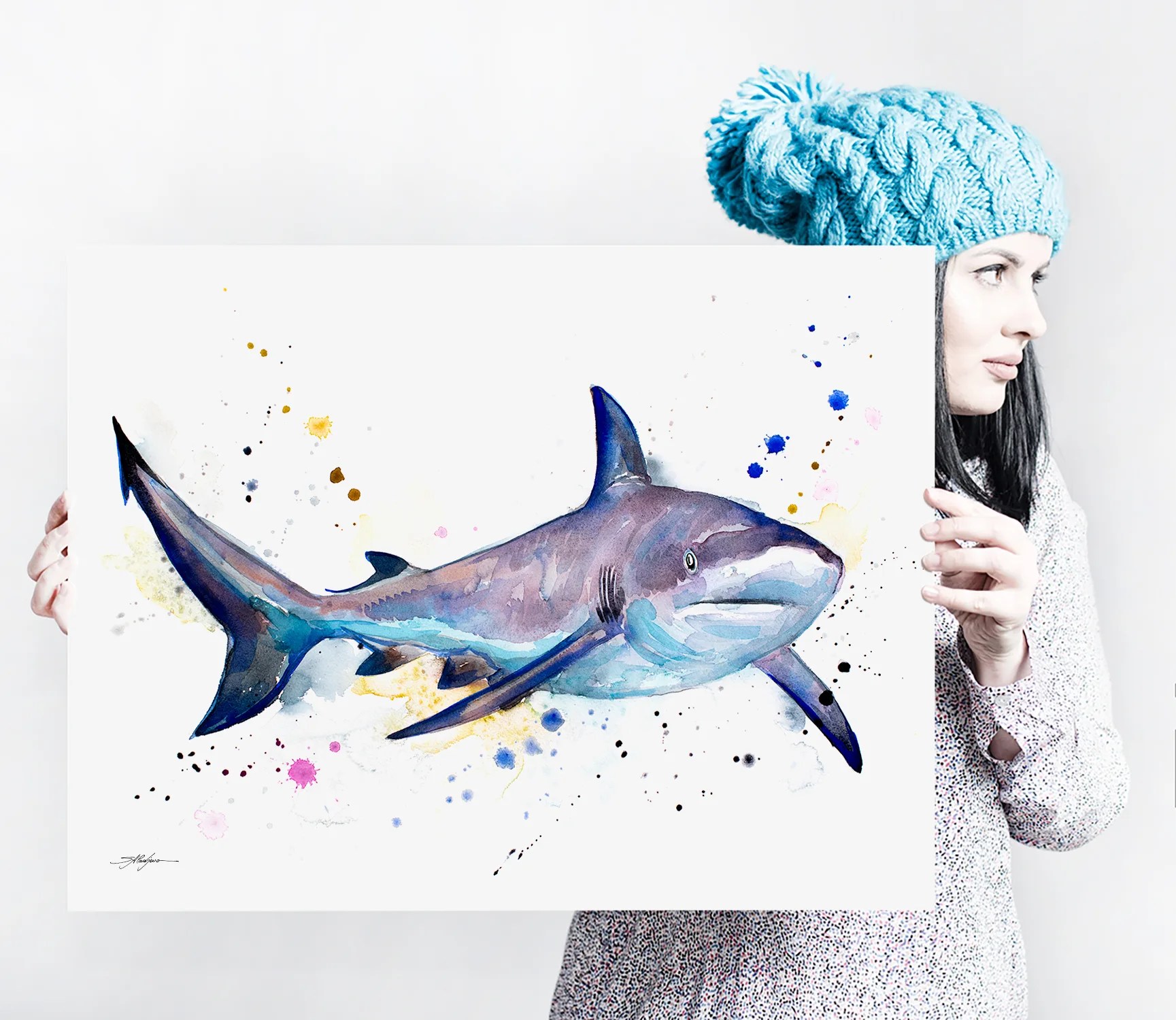 Grey reef shark watercolor painting, limited edition art print by Slaveika Aladjova, view 4