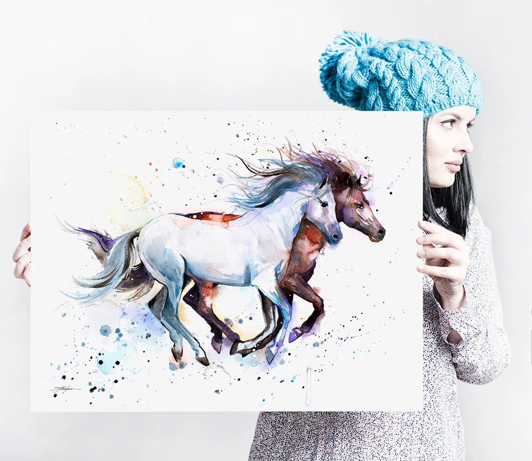 Horses watercolor painting print by Slaveika Aladjova, art,