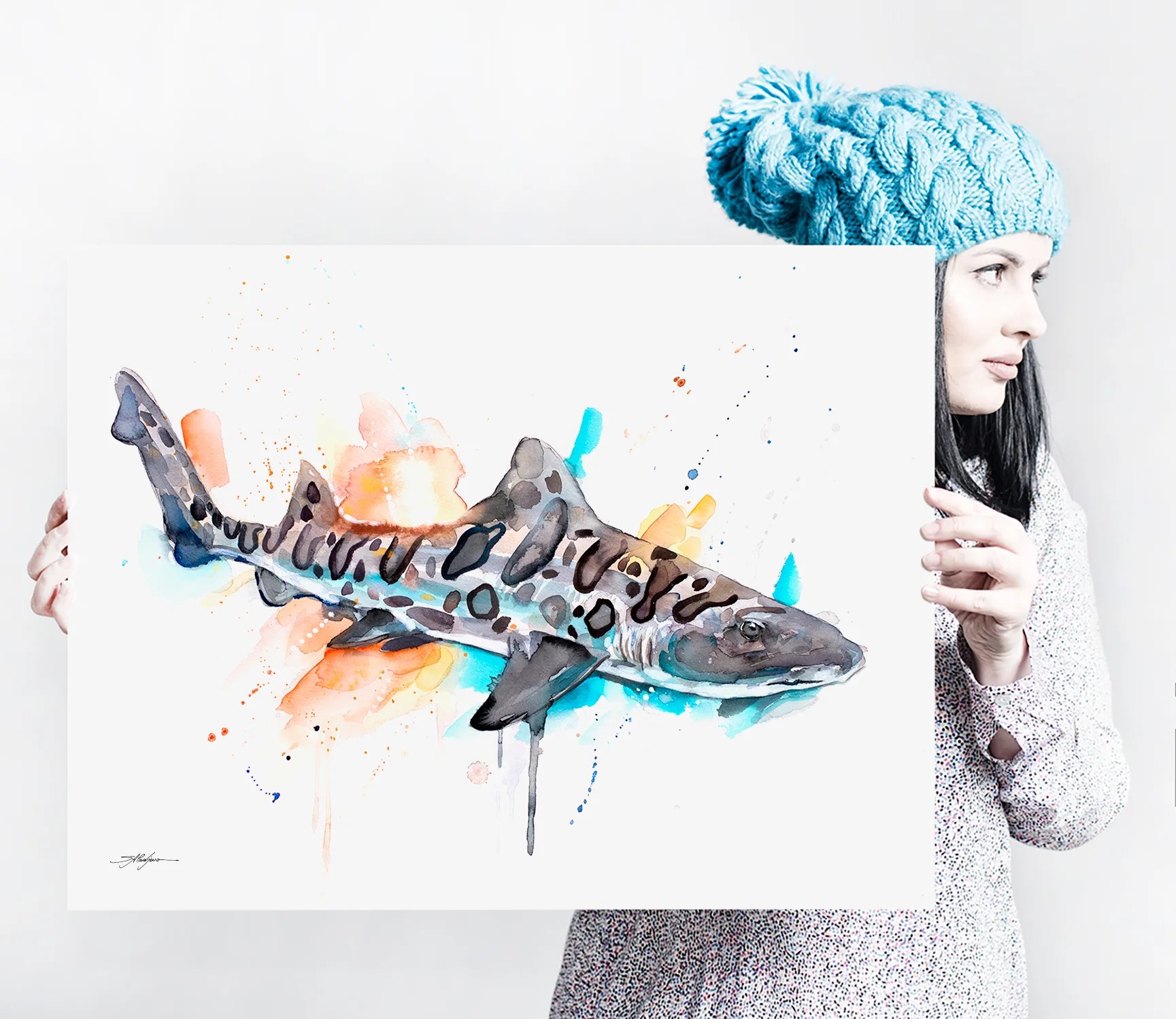 Leopard shark watercolor painting print by Slaveika Aladjova, art, animal, illustration, Sea art, sea life art, home decor, Wall art