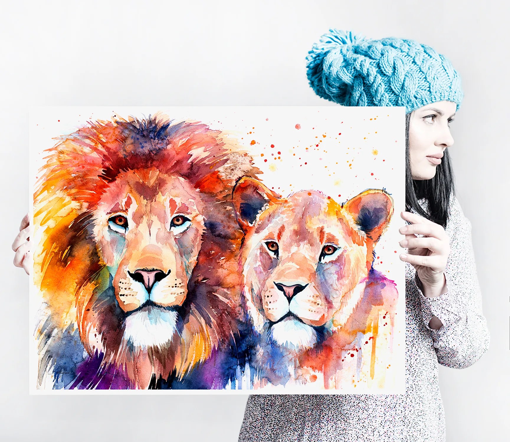 Lion Lioness Love watercolor painting print by Slaveika Aladjova, art, animal, illustration, home decor, Nursery, gift, Wildlife, wall art,