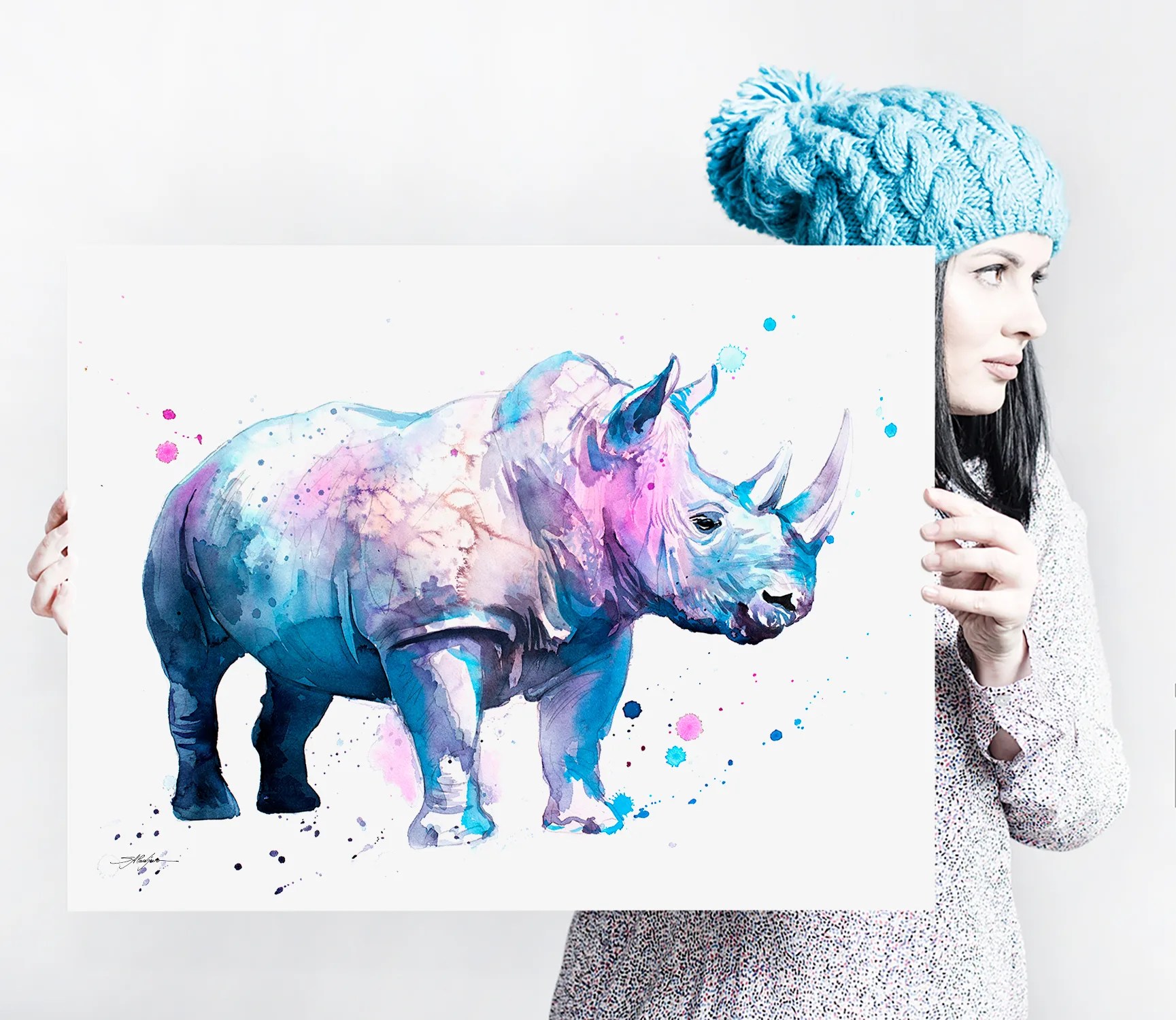Blue rhinoceros watercolor painting, limited edition art print by Slaveika Aladjova, view 4
