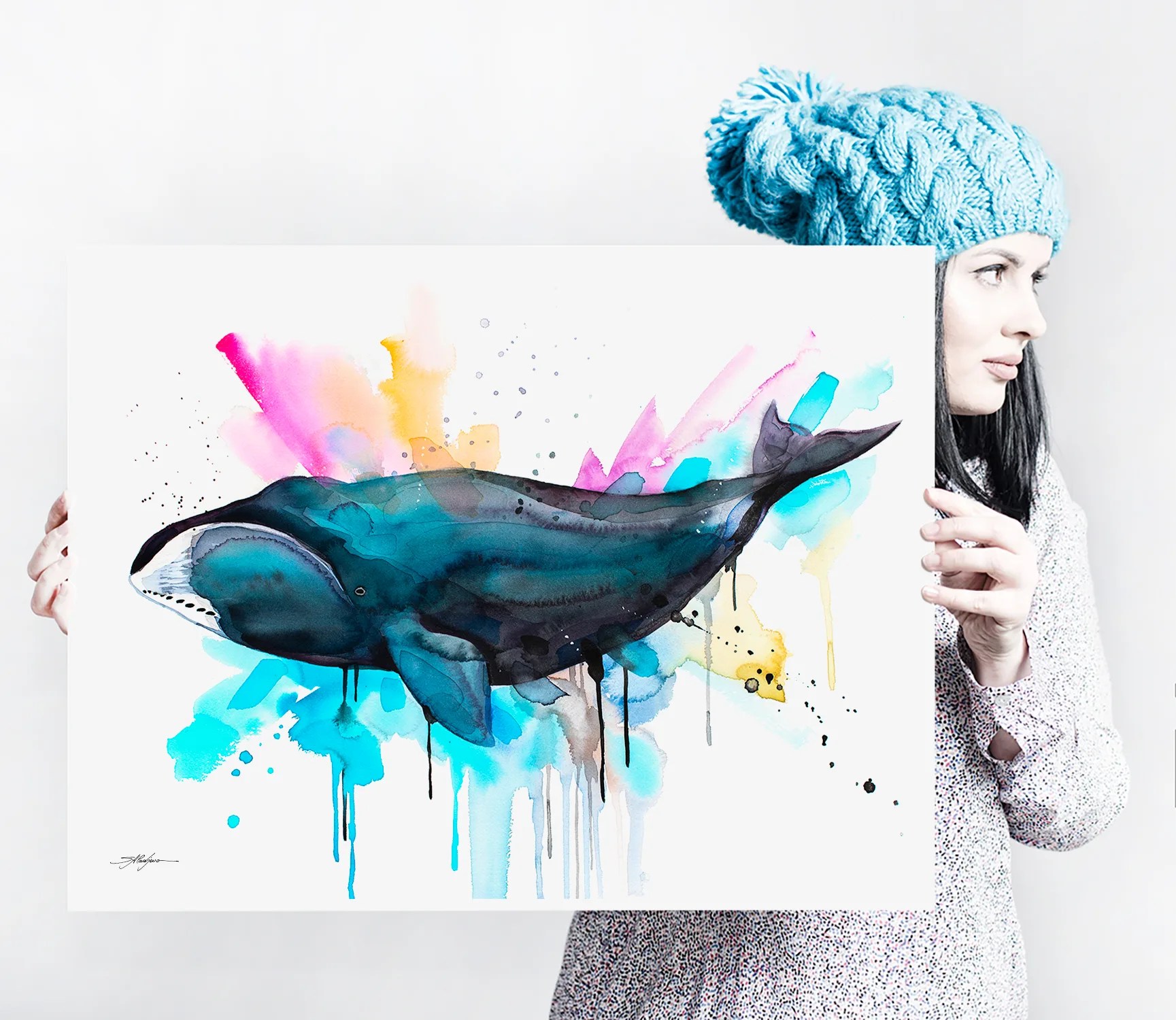 Bowhead whale watercolor painting, limited edition art print by Slaveika Aladjova, view 4