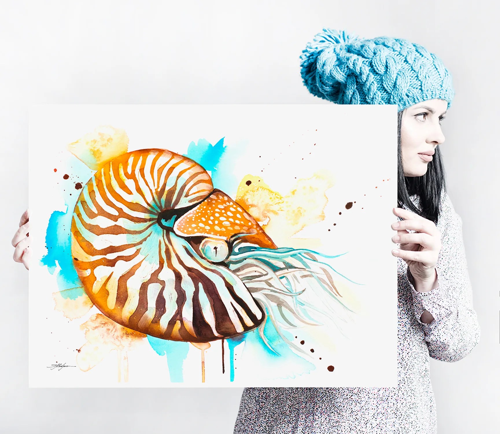 Chambered nautilus watercolor painting print by Slaveika Aladjova, art, animal, illustration, Sea art, sea life art, home decor, Wall art