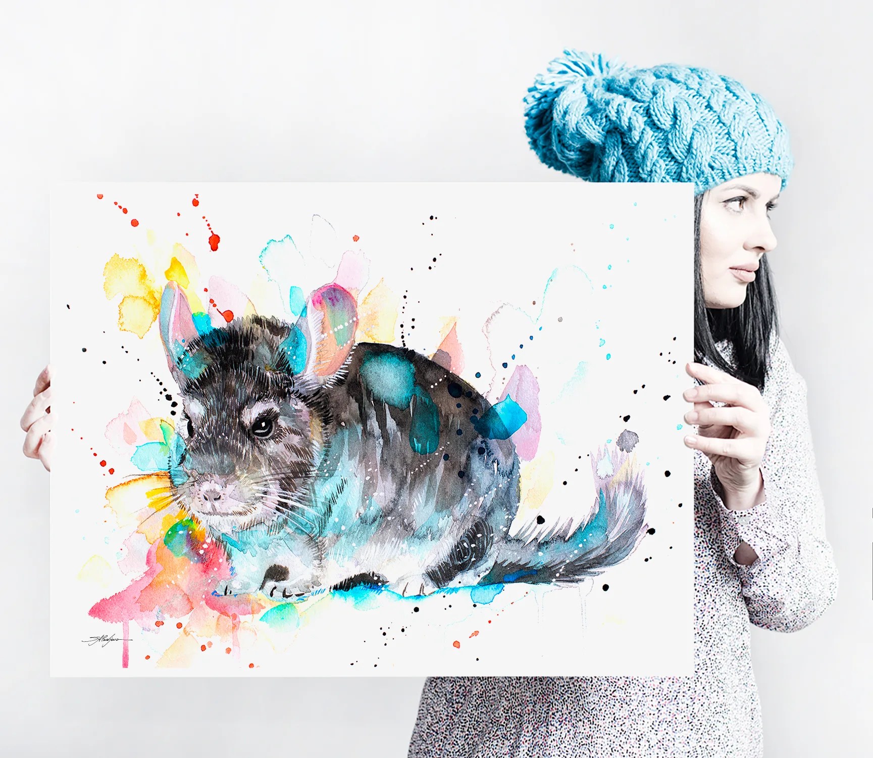 Chinchilla watercolor painting, limited edition art print by Slaveika Aladjova, view 3