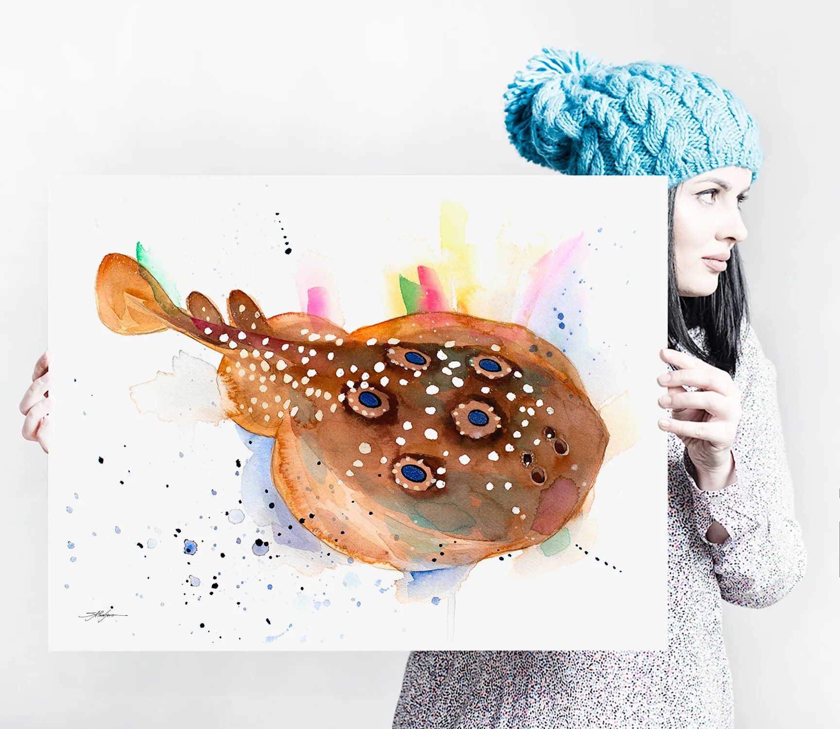 Common torpedo ray, Eyed electric ray watercolor painting print by Slaveika Aladjova, art, animal, illustration, Sea art, sea life art,