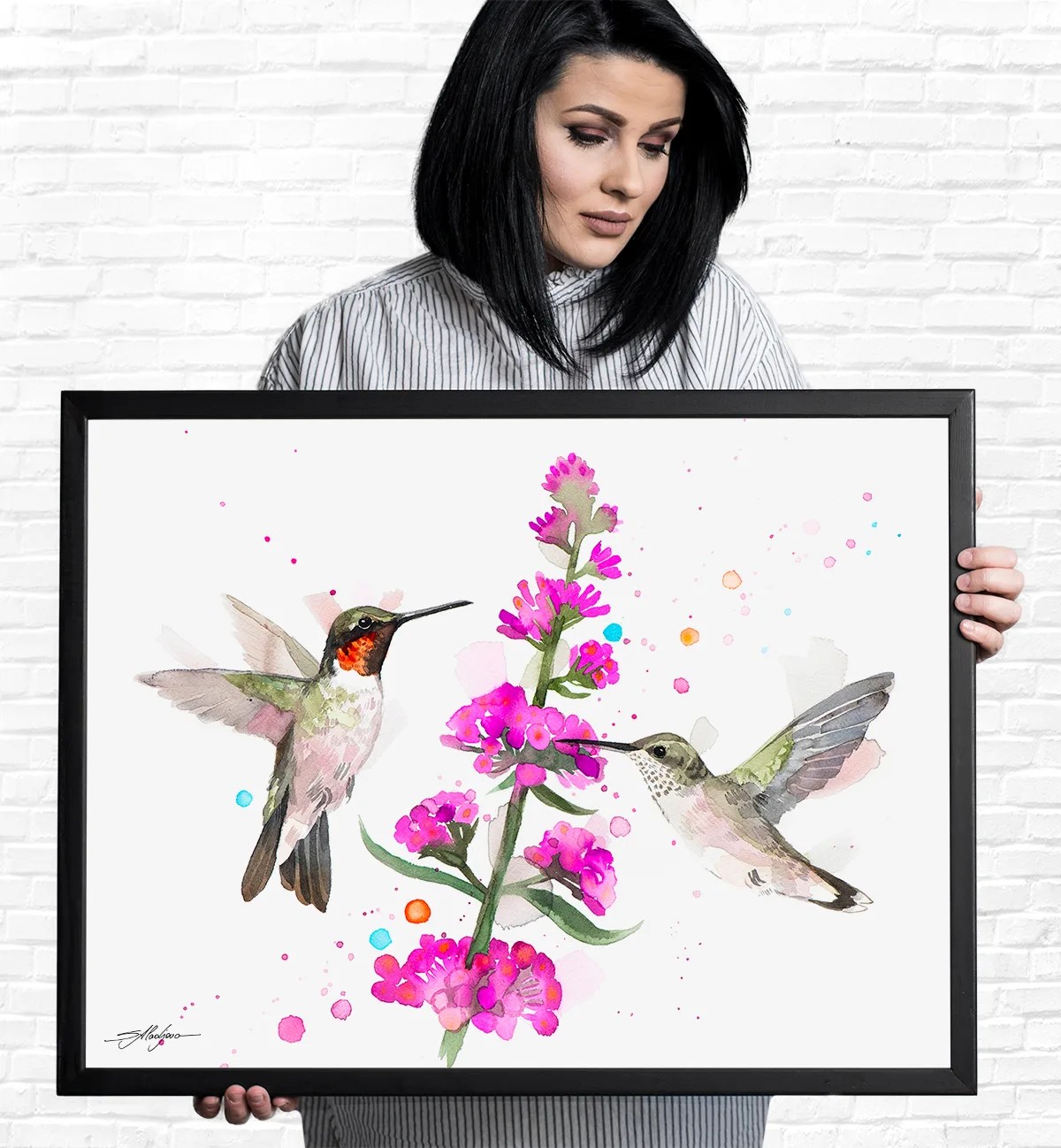 Ruby-Throated Hummingbirds watercolor painting print by Slaveika Aladjova
