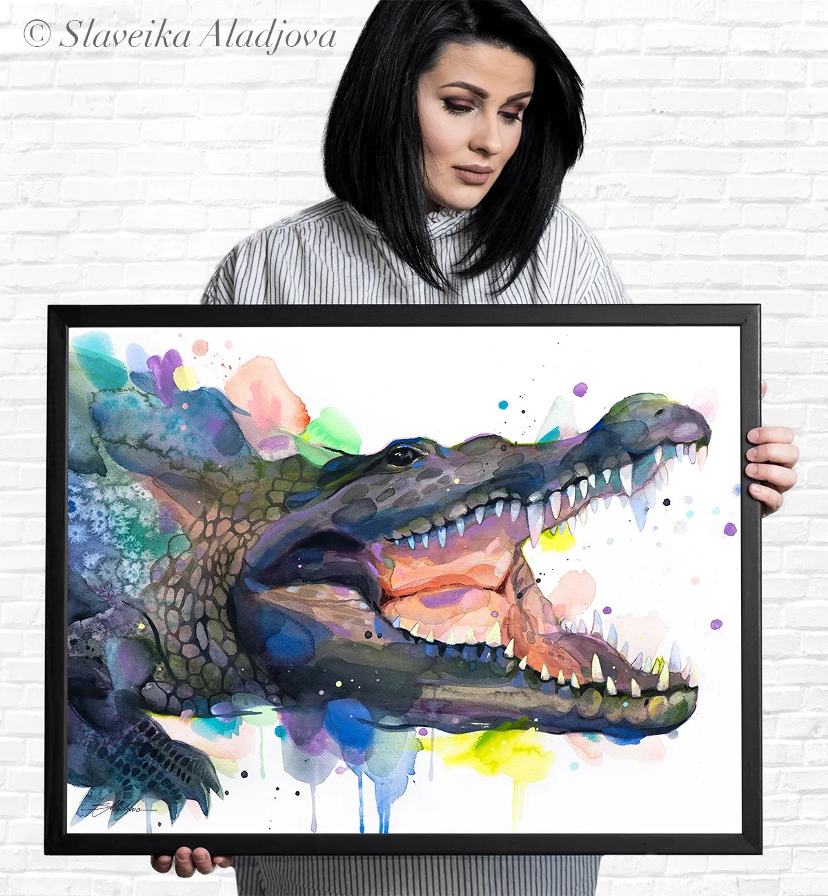 Alligator with open jaws, watercolor painting, limited edition art print by Slaveika Aladjova, view 3