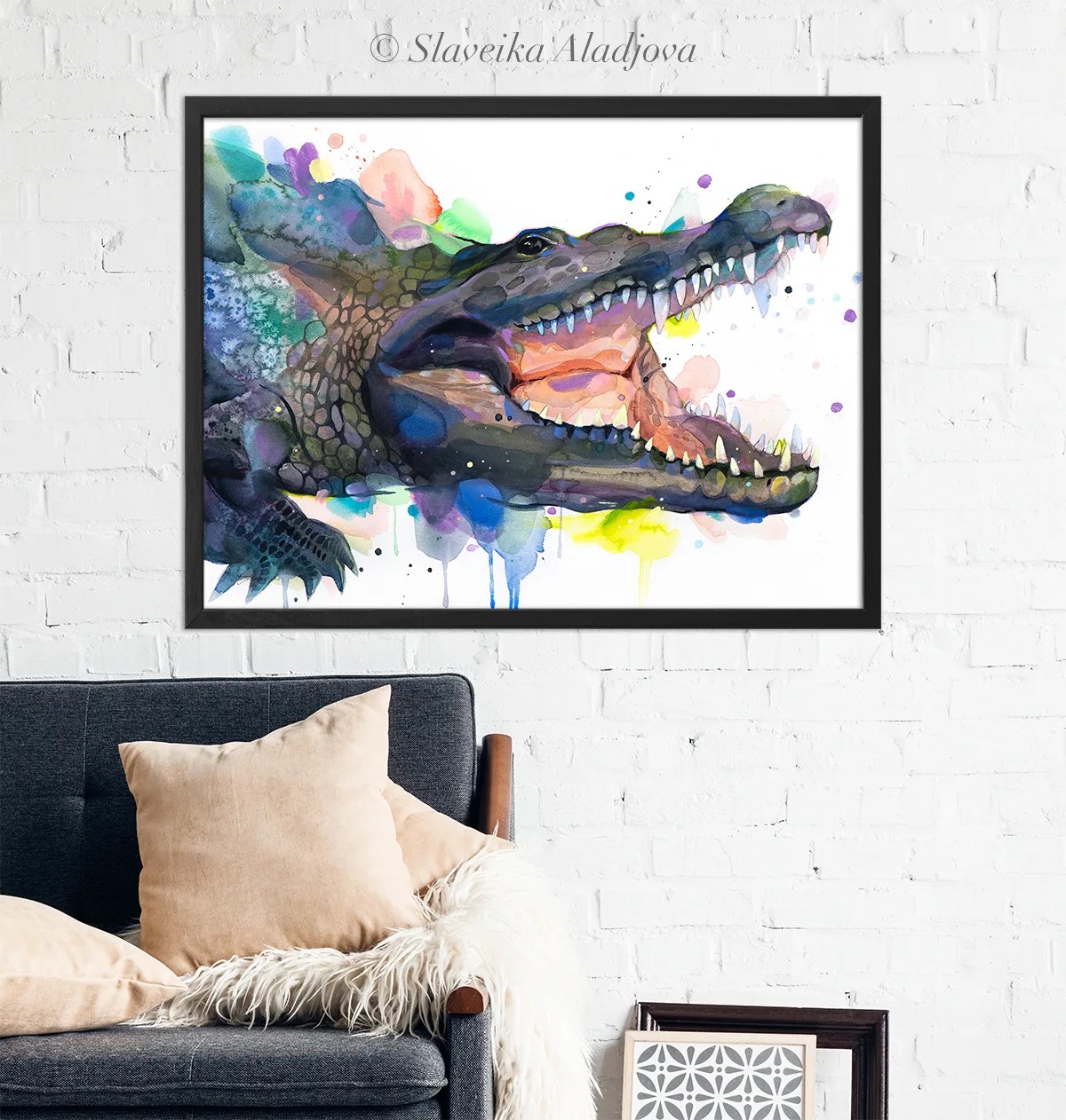 Alligator with open jaws, watercolor painting, limited edition art print by Slaveika Aladjova, view 4