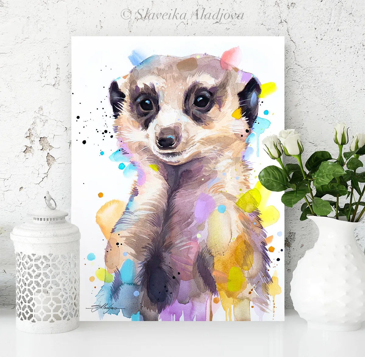 Meerkat watercolor painting, limited edition art print by Slaveika Aladjova, view 3