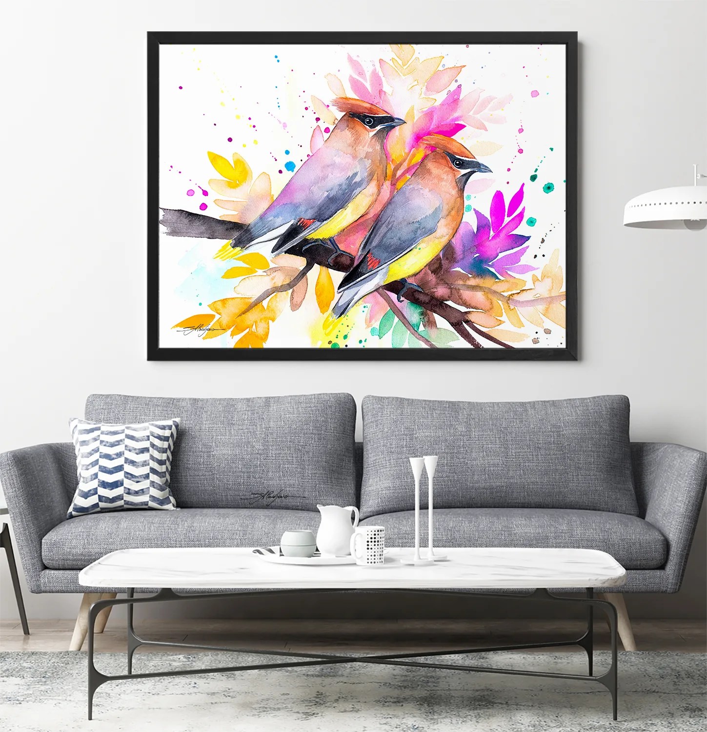 Cedar Waxwings watercolor painting print by Slaveika Aladjova, art, animal, illustration, bird, home decor, wall art, gift, portrait,