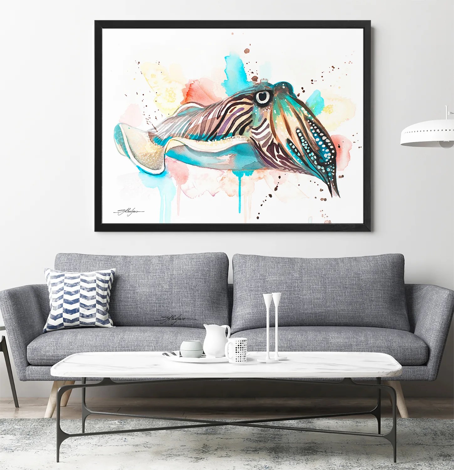 Common Cuttlefish watercolor painting print by Slaveika Aladjova, art, animal, illustration, Sea art, sea life art, home decor, Wall art