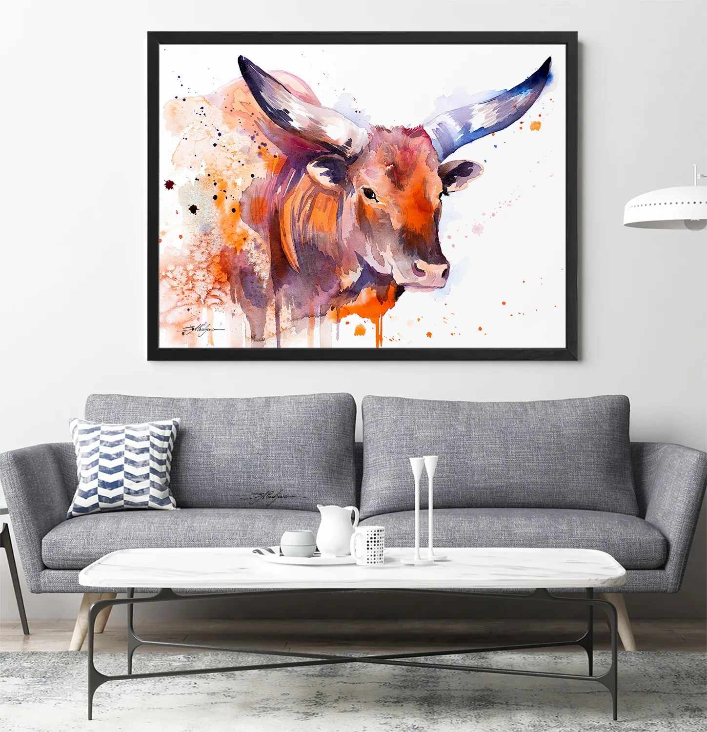 Ankole-Watusi, Sanga cattle, Longhorn watercolor painting print by Slaveika Aladjova, art, animal, illustration, home decor,