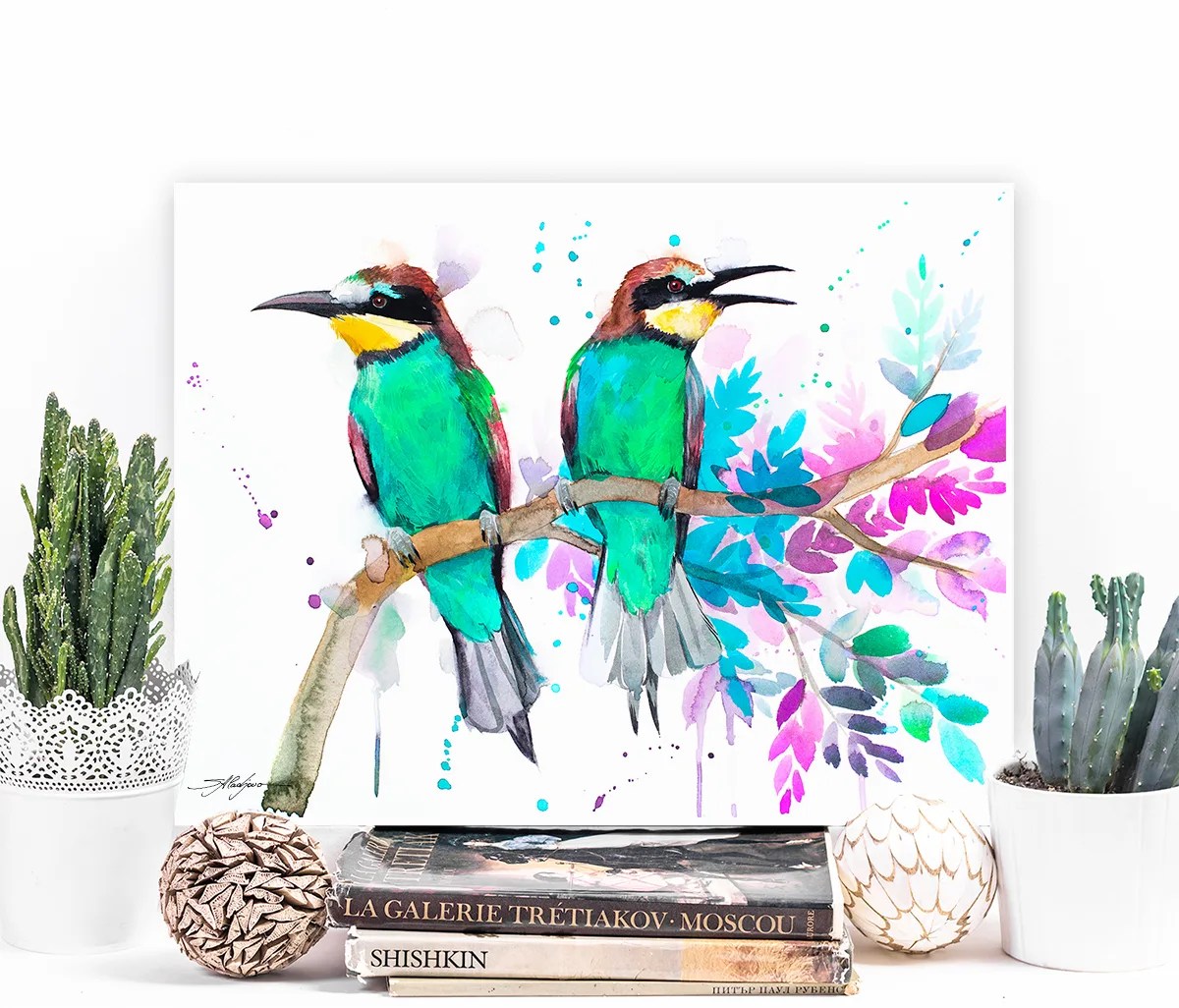 Bee-eater watercolor painting print by Slaveika Aladjova, art, animal, illustration, bird,