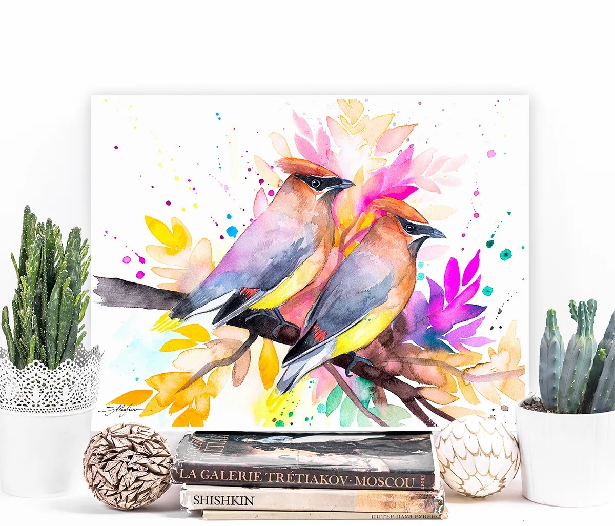 Cedar Waxwings watercolor painting print by Slaveika Aladjova, art, animal, illustration, bird, home decor, wall art, gift, portrait,
