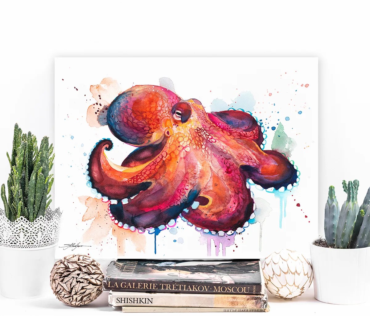 Coconut Octopus, Amphioctopus marginatus watercolor painting print by Slaveika Aladjova, art, animal, illustration, Sea art, sea life art