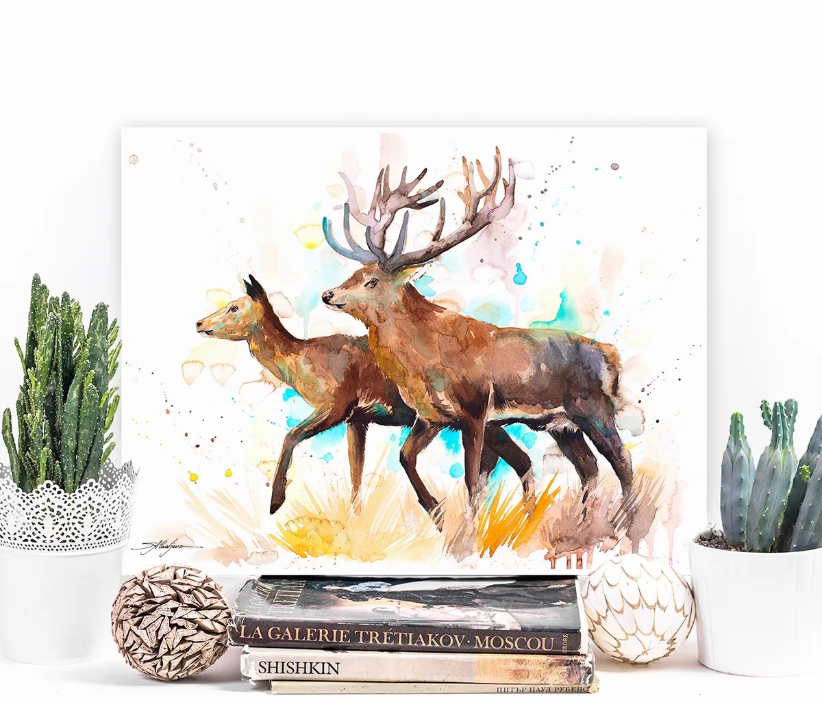 Deer love watercolor painting print by Slaveika Aladjova, art, animal, illustration, home decor, Nursery, gift, Wildlife, wall art