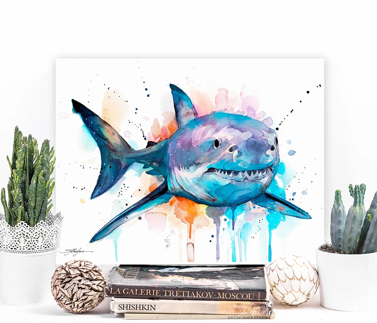Great white shark watercolor painting print by Slaveika Aladjova, art, animal, illustration, Sea art, sea life art,