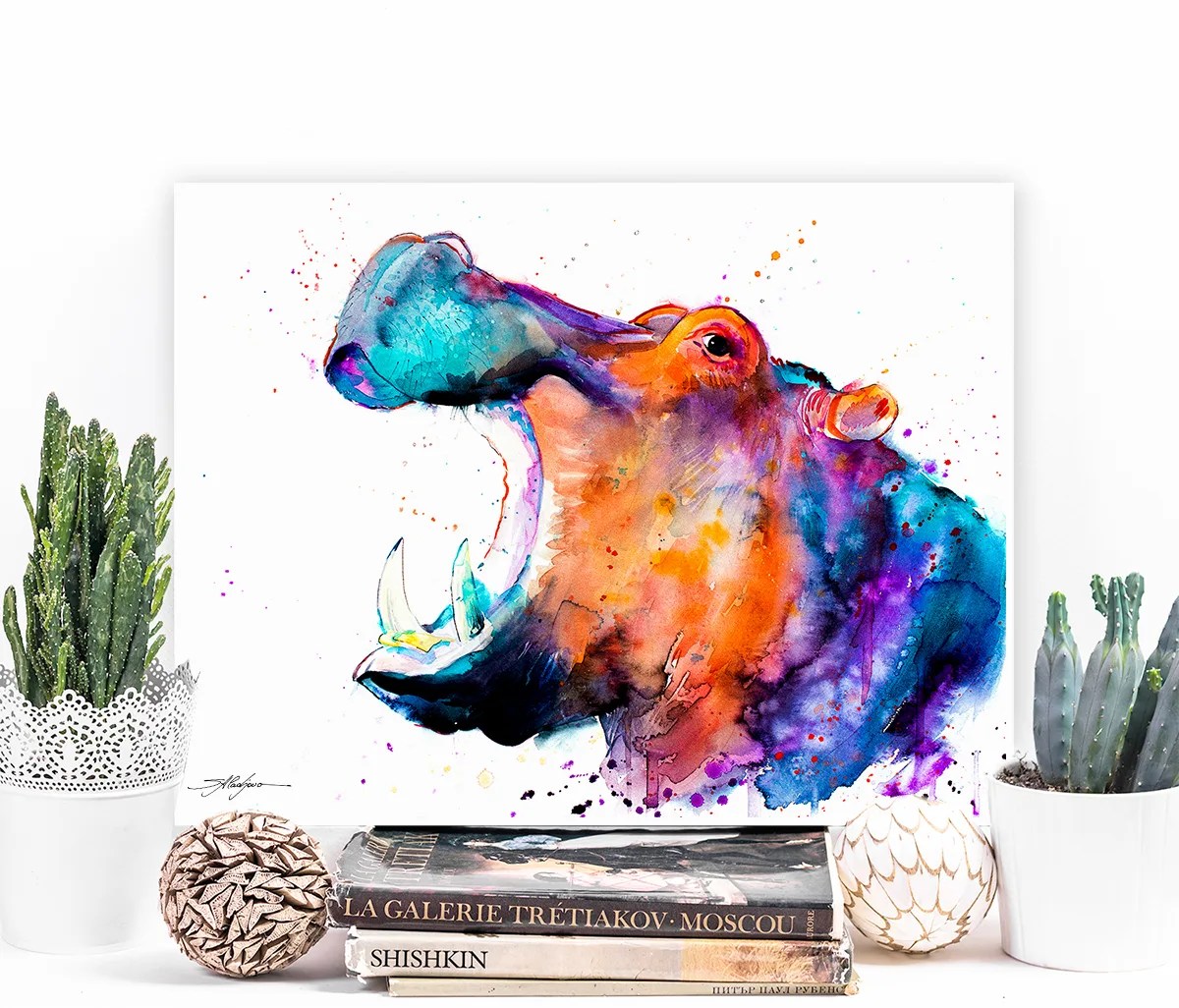 Hippo watercolor painting print by Slaveika Aladjova, art, animal, illustration, home decor, Nursery, African, Wildlife, wall art