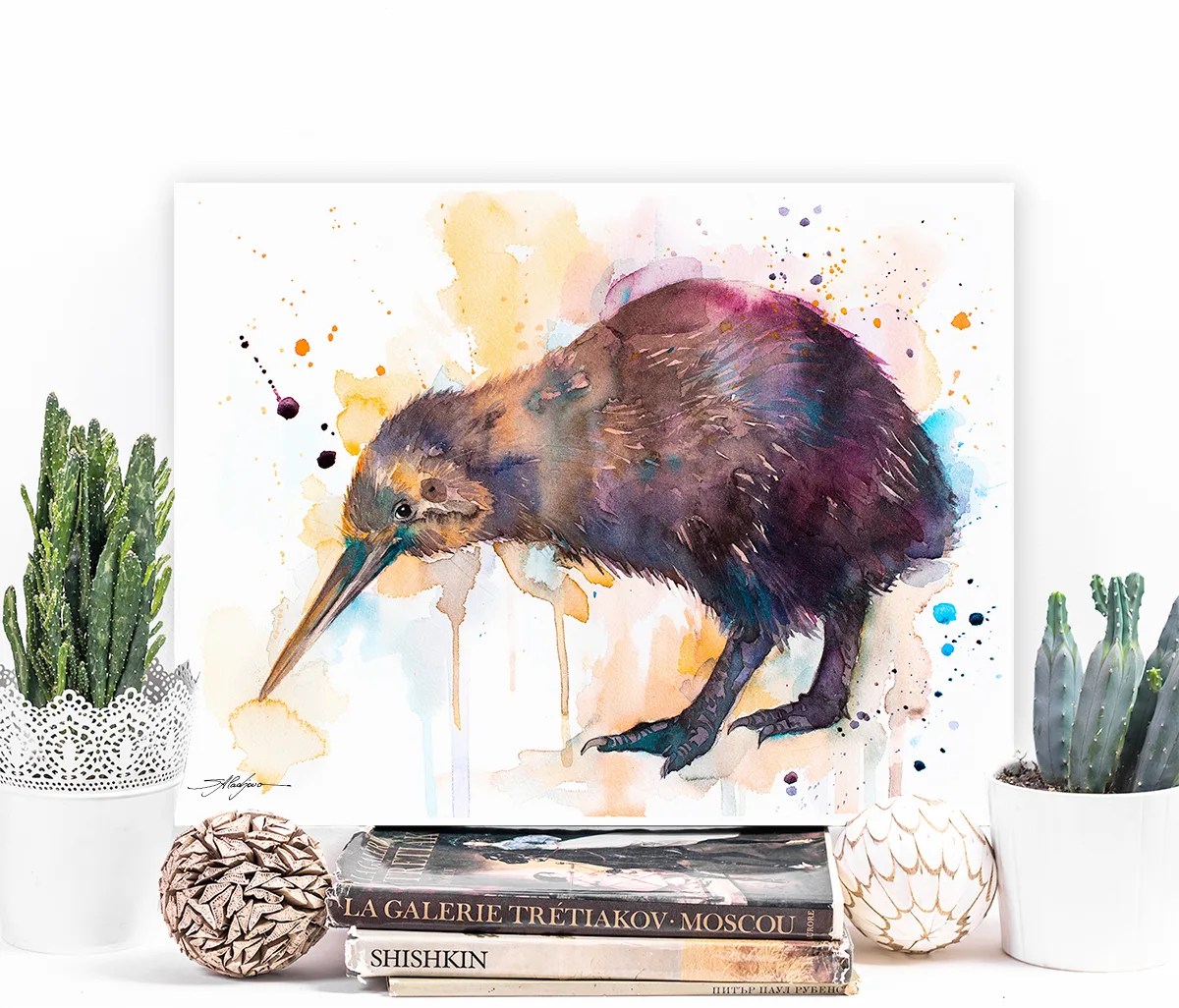 Kiwi watercolor painting print by Slaveika Aladjova, extra large canvas, art, animal, illustration, home decor, Wildlife, Contemporary,