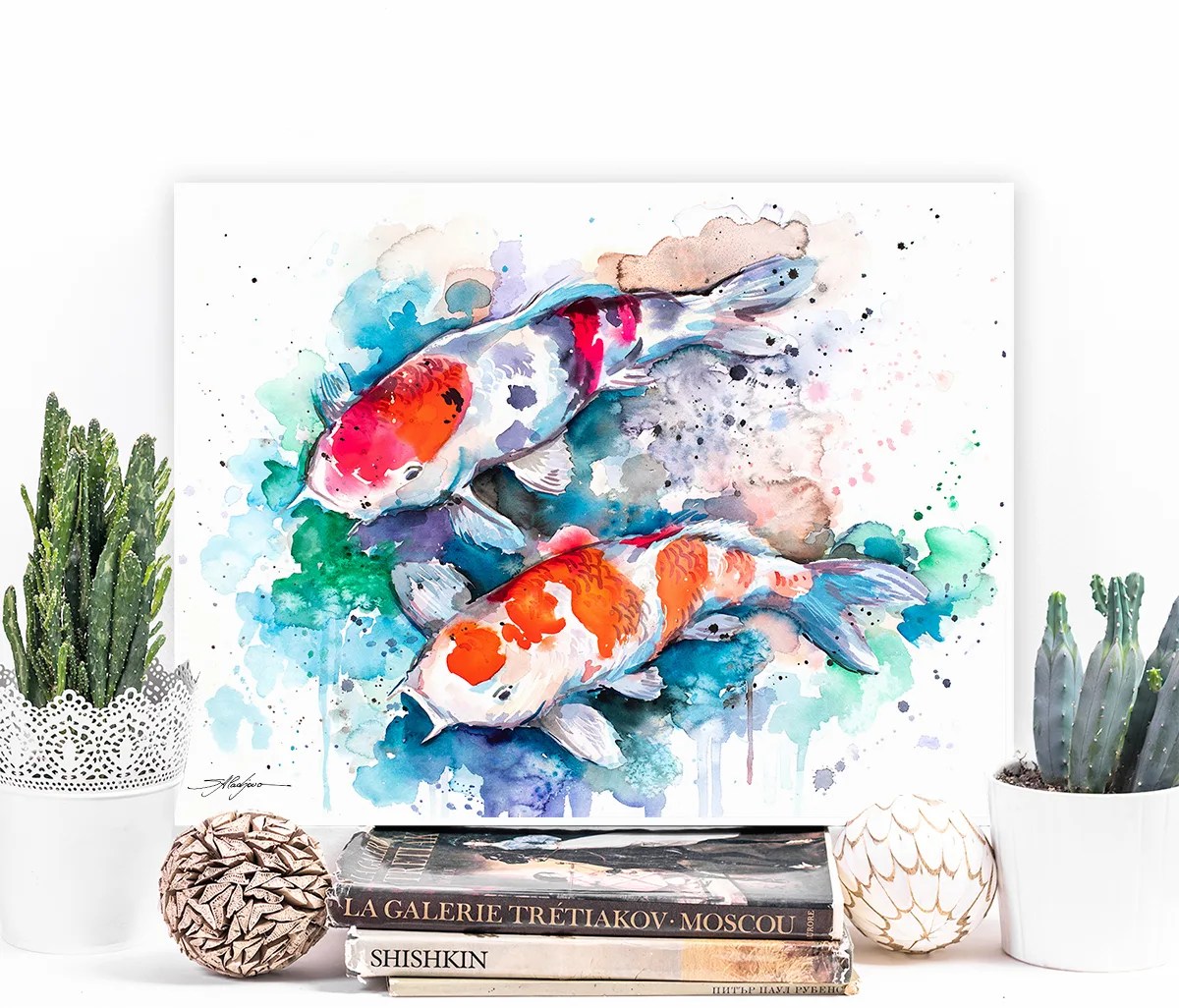 Koi watercolor painting print by Slaveika Aladjova, large canvas, art, animal, illustration, home decor, Nursery, Wildlife, wall art, fish