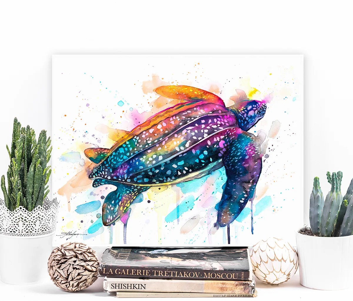 Leatherback sea turtle watercolor painting print by Slaveika Aladjova, art,animal, illustration, Sea art, sea life art, home decor, Wall art