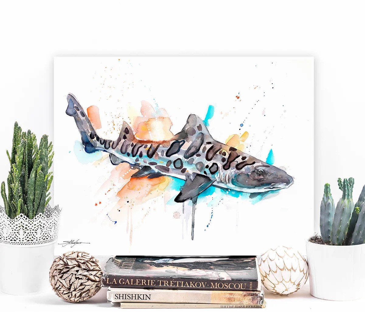 Leopard shark watercolor painting print by Slaveika Aladjova, art, animal, illustration, Sea art, sea life art, home decor, Wall art