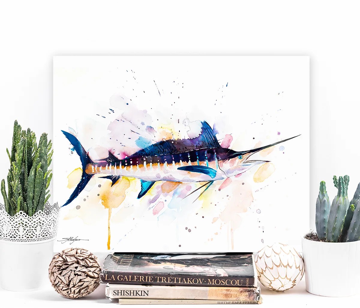 Atlantic blue marlin watercolor painting print by Slaveika Aladjova, art, animal, illustration, Sea art, sea life art, home decor, Wall art