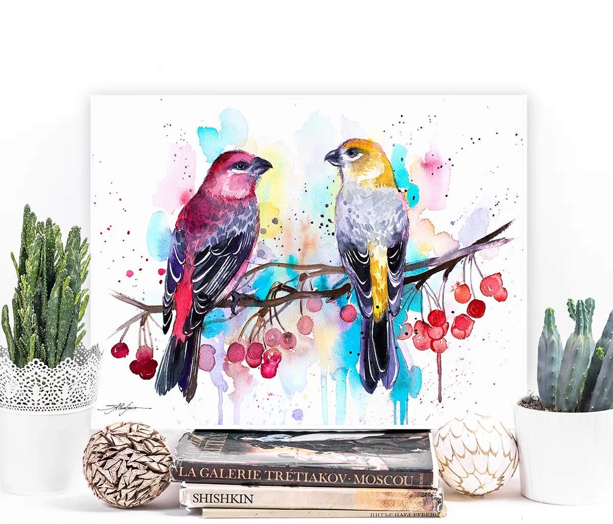 Pine Grosbeaks watercolor painting print by Slaveika Aladjova