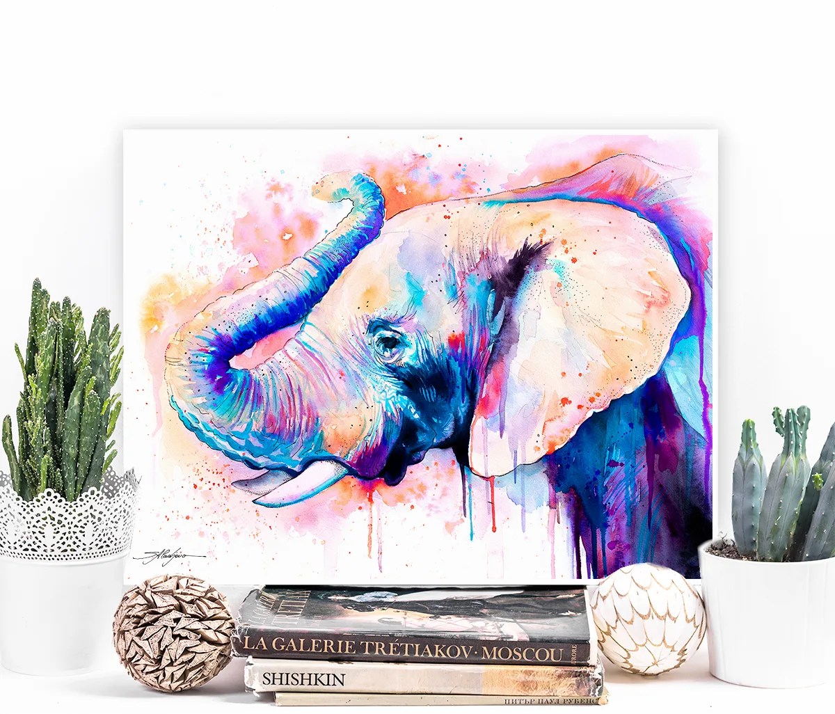 Pink elephant watercolor painting, limited edition art print by Slaveika Aladjova, view 3
