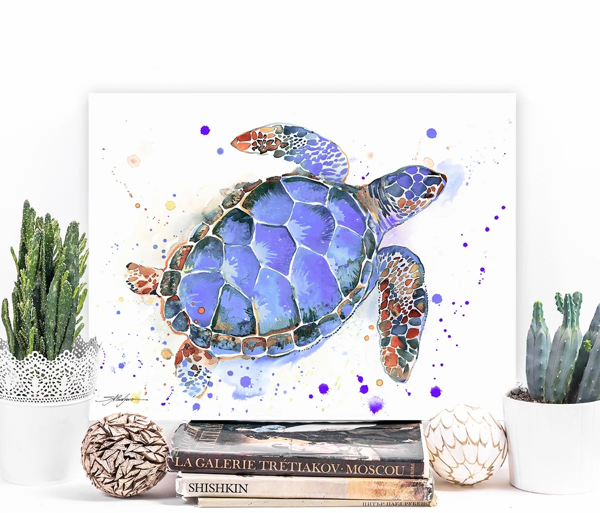 Purple sea turtle watercolor painting, limited edition art print by Slaveika Aladjova, view 3