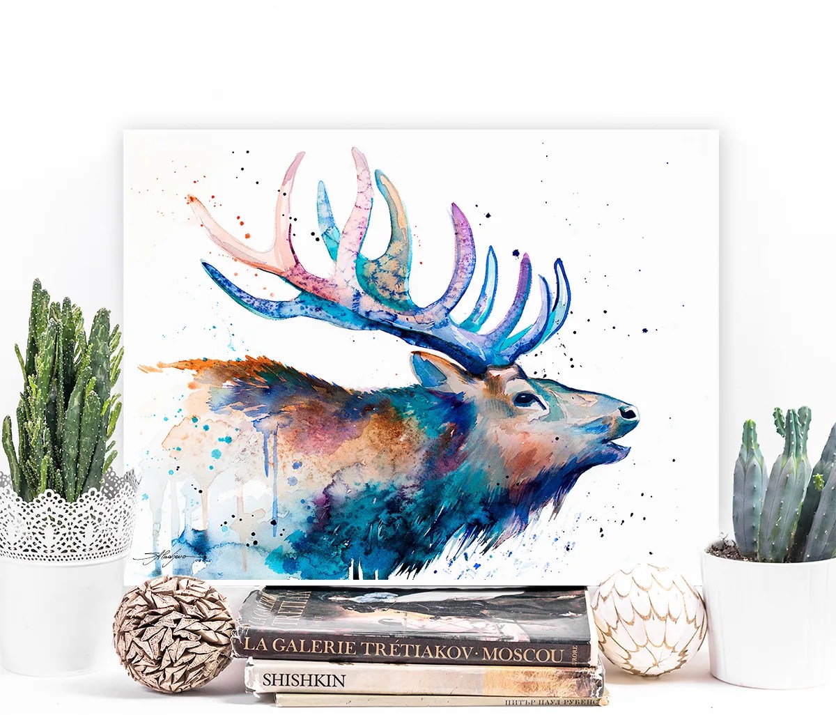 Red deer watercolor painting print by Slaveika Aladjova